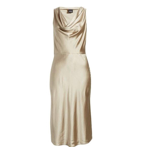 NWT BOSS “Dawida” satin cowl neck midi dress in champagne gold Size 6 - Picture 6 of 14